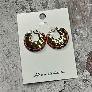 NWT LOFT Gold Hammered Metal Colorful Beaded Hoop Earrings